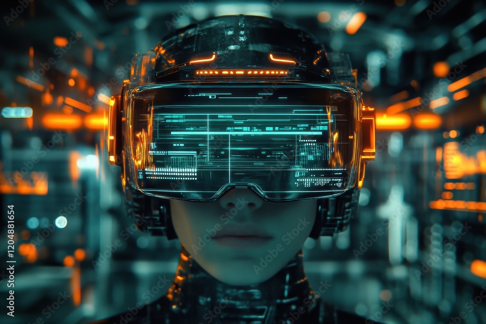 Poster futuristic faceless individual in virtual reality goggles surrounded by a high-tech digital environm