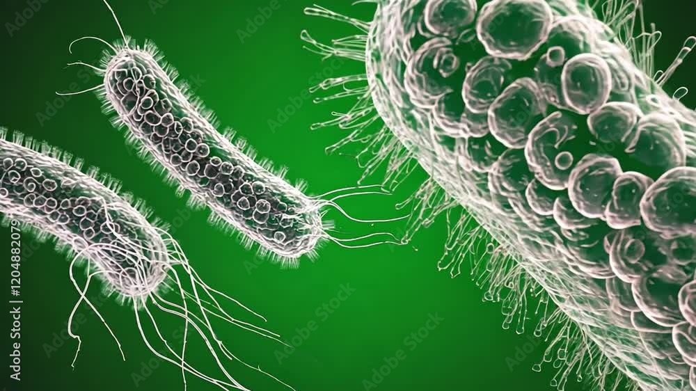 Poster microbial interaction: detailed 3d rendering of two bacteria, one rod-shaped and one coccus-shaped, 