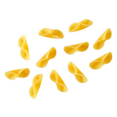 Raw Italian pasta on a white background.