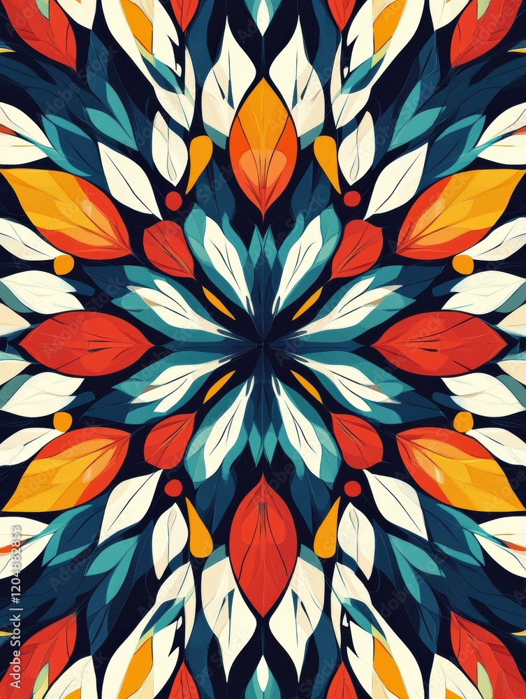 Leinwandbilder colorful botanical pattern with vibrant leaves and abstract shapes on dark background. generative ai