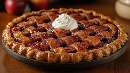 A rustic apple pie with a beautifully woven lattice crust topped with a dollop of whipped cream.