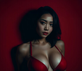 High contrast, low-key lighting creates a strong, moody style depicting a beautiful Asian woman with large breasts wearing a red bra on a solid color background, with low contrast, deep shadows.