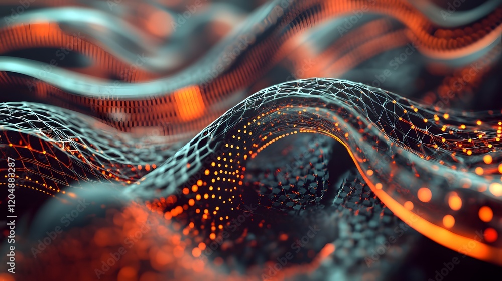 Poster dynamic flow of abstract waves digital realm 3d render vibrant colors close-up modern technology con