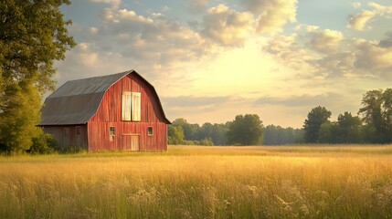 Obraz premium Red Barn in a Golden Field