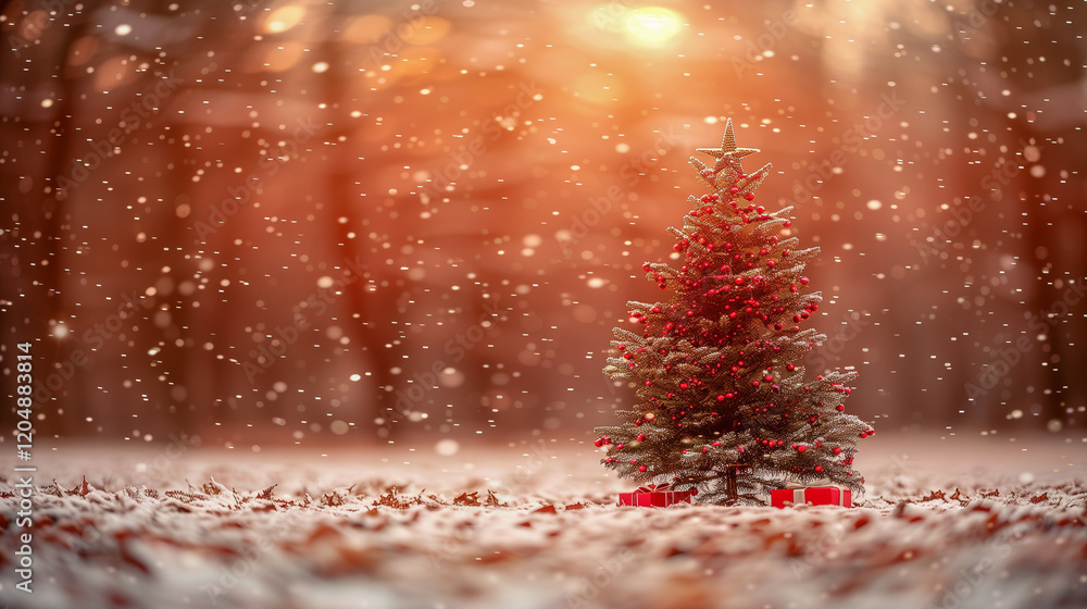 Poster christmas tree in snowy field with glowing warm light..