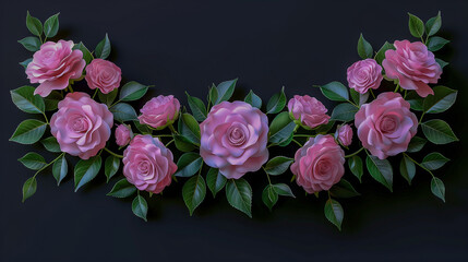 Elegant Pink Roses with Green Leaves on a Black Background..
