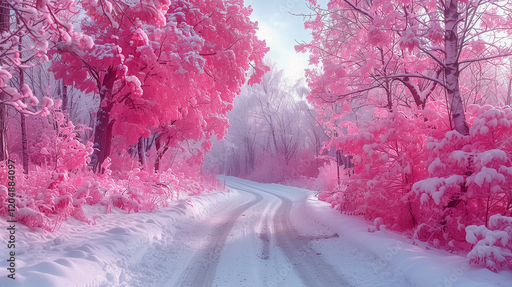 Poster enchanting snowy path surrounded by pink winter trees..