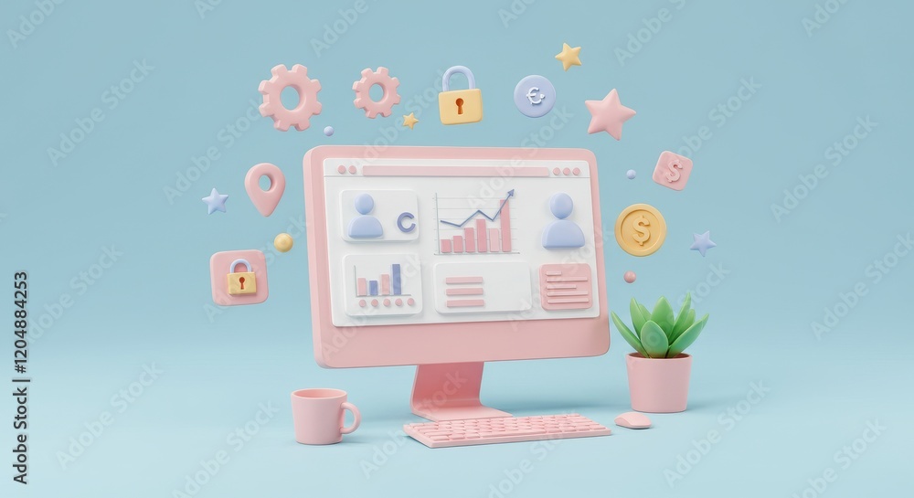 Poster 3d illustration of a pastel pink desktop computer displaying an analytics dashboard with charts and 