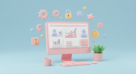 3D illustration of a pastel pink desktop computer displaying an analytics dashboard with charts and user icons