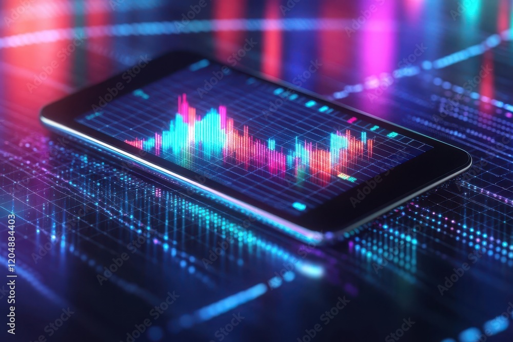 Poster a smartphone displaying colorful digital data visualizations on a glowing surface, representing anal