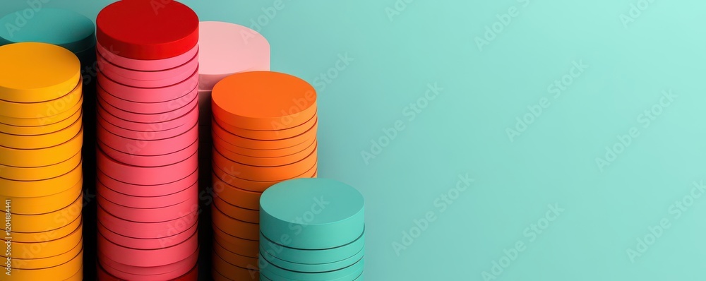 Poster stacked colorful circular tokens are arranged in ascending order against a pastel background, creati