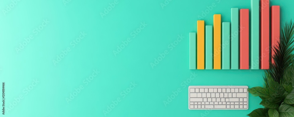 Poster a colorful workspace featuring a keyboard, vibrant bar graphs, and greenery against a teal backgroun