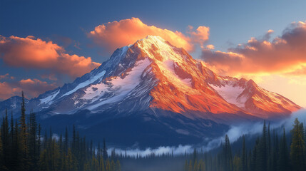 Obraz premium A snowy mountain peak at sunset