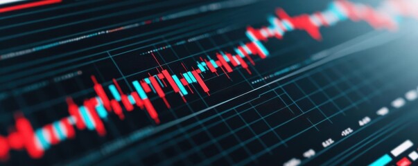 A digital representation of a stock market chart displaying fluctuating prices with red and blue lines on a dark background.
