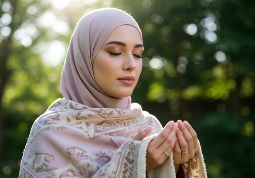 Hijabi Muslim woman doing prayers in a park