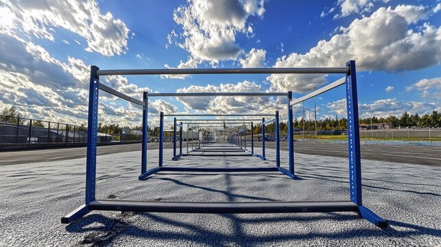 Parallel bars training outdoors, sunny sky, track background, sports
