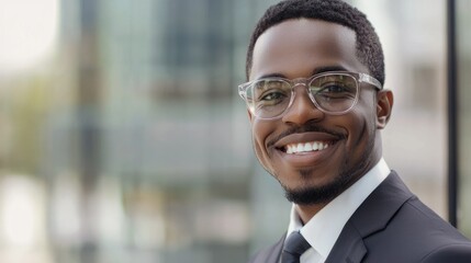 Fototapeta premium Smart businessman smiling at camera, wearing trendy transparent glasses