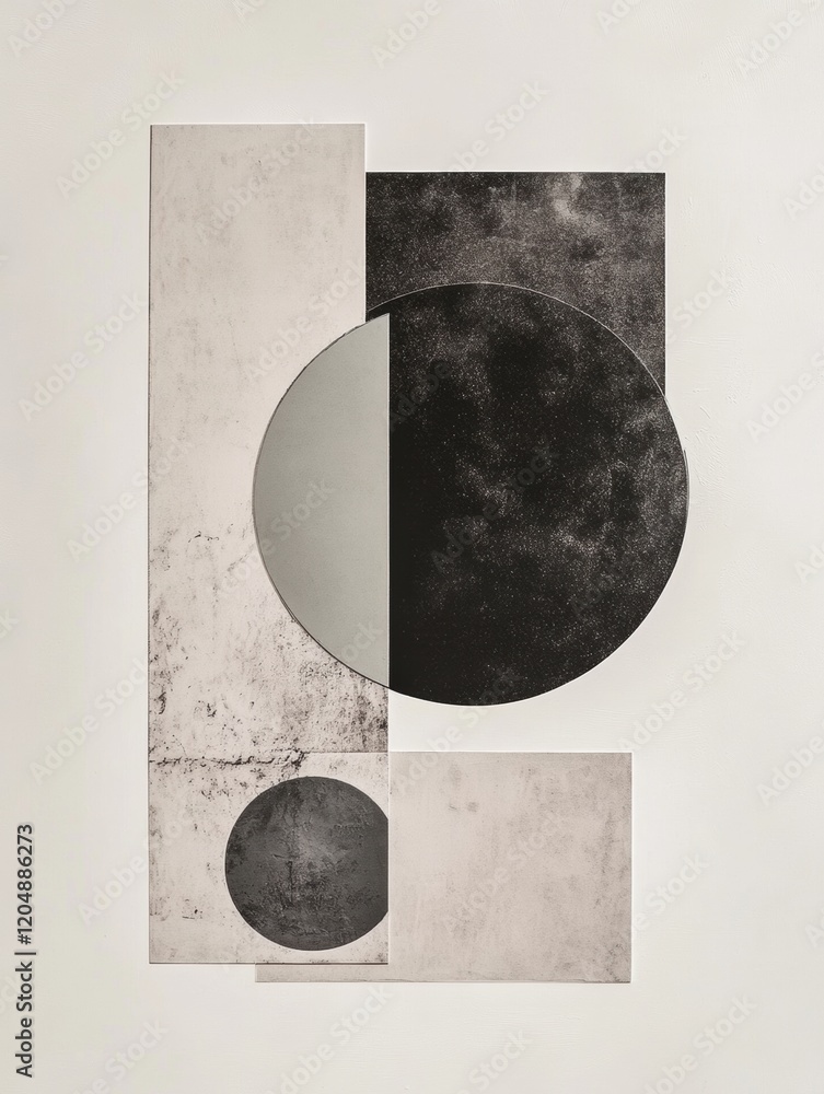 Aufkleber modern abstract art composition featuring geometric shapes in black and gray tones arranged on a lig