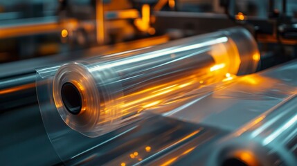 Industrial process of transparent plastic tubing production manufacturing facility product close-up controlled environment dynamic lighting