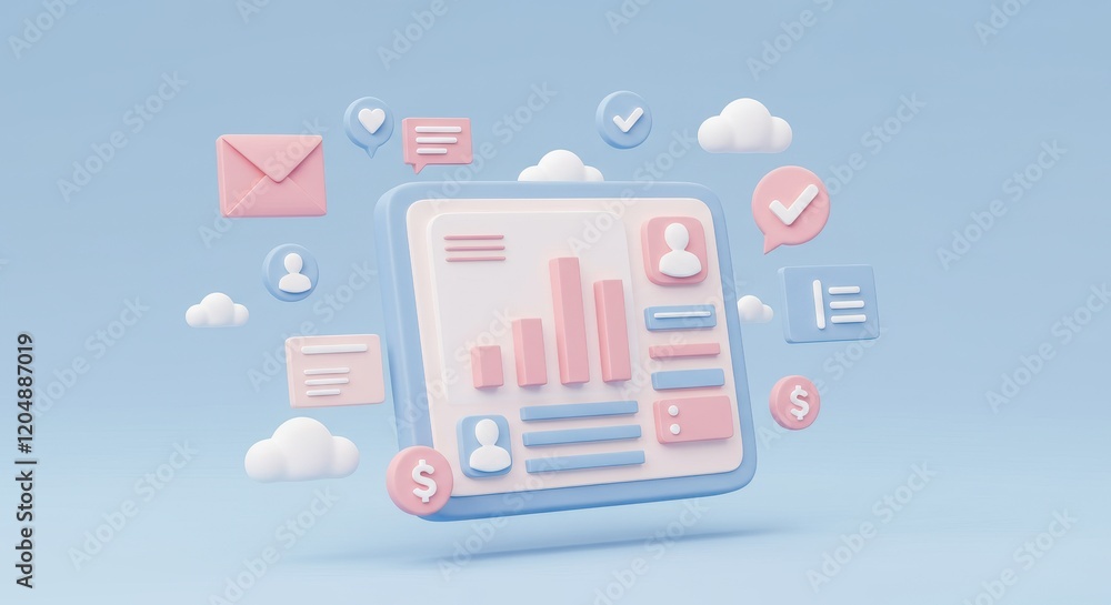 Poster 3d tablet displaying a business analytics dashboard with bar charts, user icons, and text boxes in p