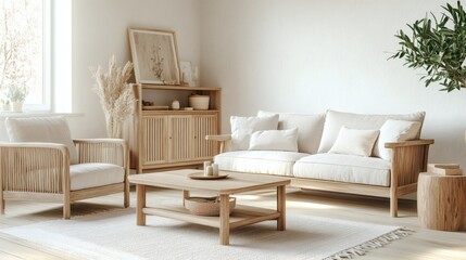 Serene Minimalist Living Room Interior with Light Wood Furniture and Neutral Decor