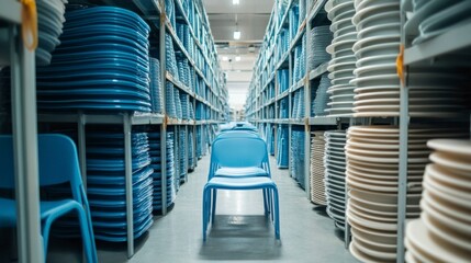 Obraz premium Storing rows of injection-molded plastic chairs in a warehouse industrial setting photography interior view design concepts
