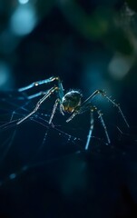 Wildlife focused macro shot of a spider perched on a web, highlighting its features