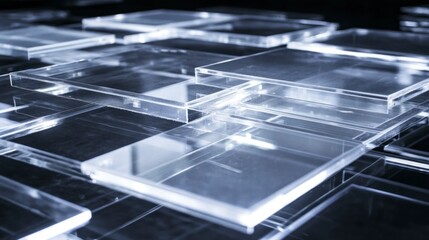 Precision cutting of transparent plastic sheets workshop industrial process modern facility macro view high-quality production