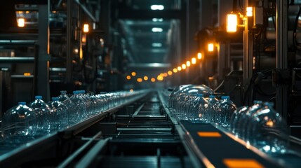 Obraz premium Conveyor belts transporting clear plastic bottles in a high-tech factory industrial setting aerial view sustainability focus