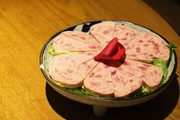 Luncheon Meat on plate. Food ingredient