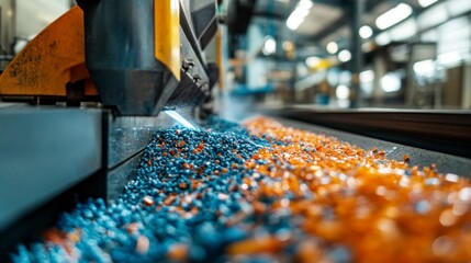 Melting recycled plastic pellets manufacturing facility industrial process clean environment close-up view sustainability concept