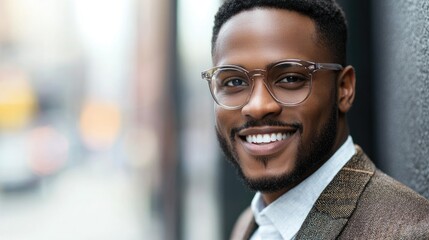 Obraz premium Smart businessman smiling at camera, wearing trendy transparent glasses