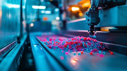Plastic injection molding machine at work industrial factory gigapixel image high-tech environment close-up view manufacturing process