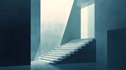 White Concrete Staircase in a Modern Interior with Sunlight Streaming Through a Doorway