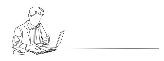 continuous single line drawing of person studying at table with laptop and books 