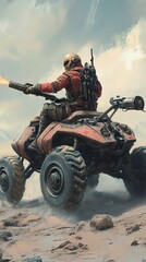 Armored Soldier Riding Futuristic All Terrain Vehicle
