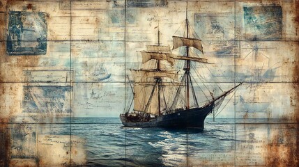 Vintage Ship Sailing on the Ocean with Old Postcards