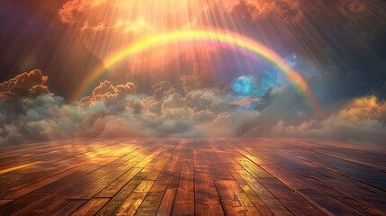 multi-tiered wooden stage set against a dramatic sky with a vibrant rainbow arching above and colorful clouds