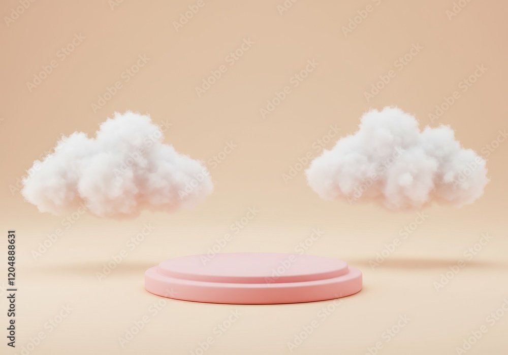 Poster 3d minimalistic scene with a circular pink platform centered between two fluffy white clouds