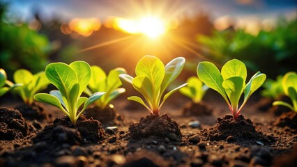 Organic lettuce seedlings sprout, vibrant and green, kissed by the sunrise, offering a healthy, farm-fresh bounty.