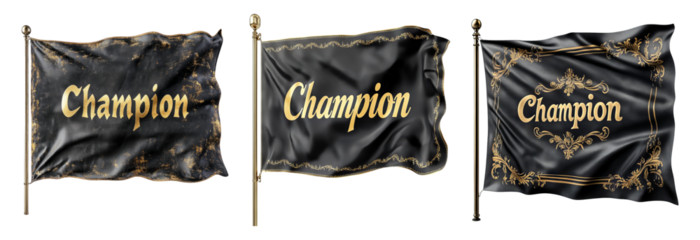 Three Variations of Black Flags with Gold Champion Text Design