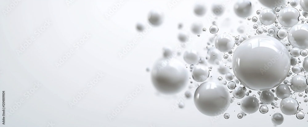 Poster abstract background with many white spheres floating on a light gray background.