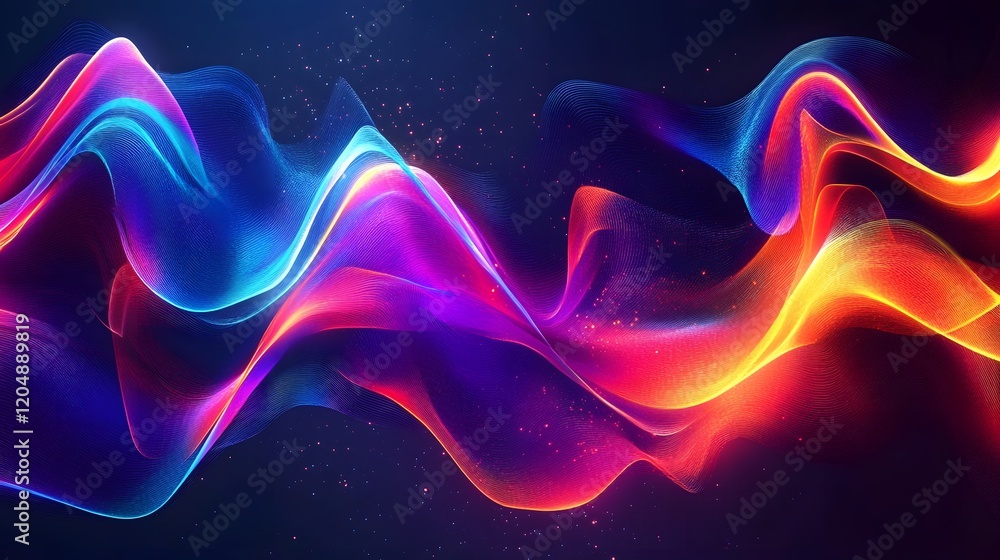 Poster dynamic abstract wave patterns digital art colorful visuals high-tech background vibrant composition