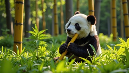 Obraz premium A charming panda lounges on lush green grass, playfully clutching a yellow bamboo stick. Its gaze drifts off to the left, evoking curiosity amidst serene surroundings