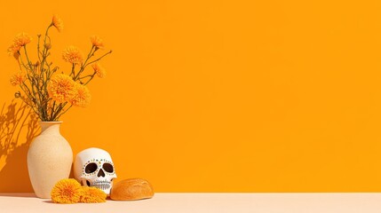 Day of the Dead Celebration with Skull, Flowers, and Bread of Death - Traditional Mexican Culture