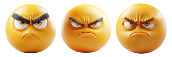Collection of Three Angry Emoji Faces on Transparent Background