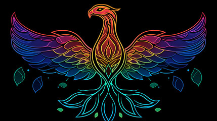 Obraz premium Rainbow Phoenix, wings spread, dark background, rebirth symbol, design art