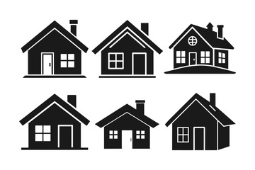 A collection of six simple, black silhouette icons of houses.