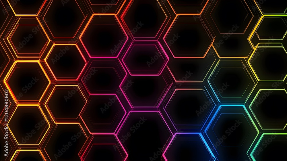 Poster dynamic neon hexagonal patterns abstract digital art vibrant colors modern design close-up view crea