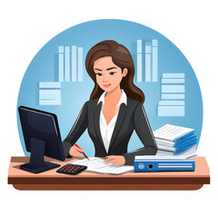 Focused Professional:  A young woman, in business attire,  is focused on paperwork at her desk, showcasing dedication and efficiency, in a contemporary office environment.